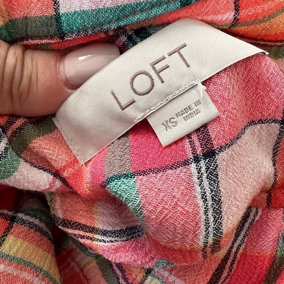 LOFT Dolman Plaid. Short Sleeve Button Down Pink Top Sz XS - Picture 7 of 8